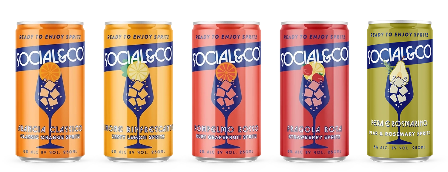 A lineup shot of each can